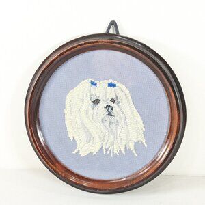 Finished and framed needlepoint / cross stitch art Maltese dog portrait